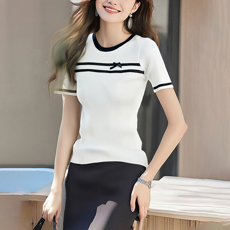Mixed colors chanelstyle summer knitted bow T-shirt