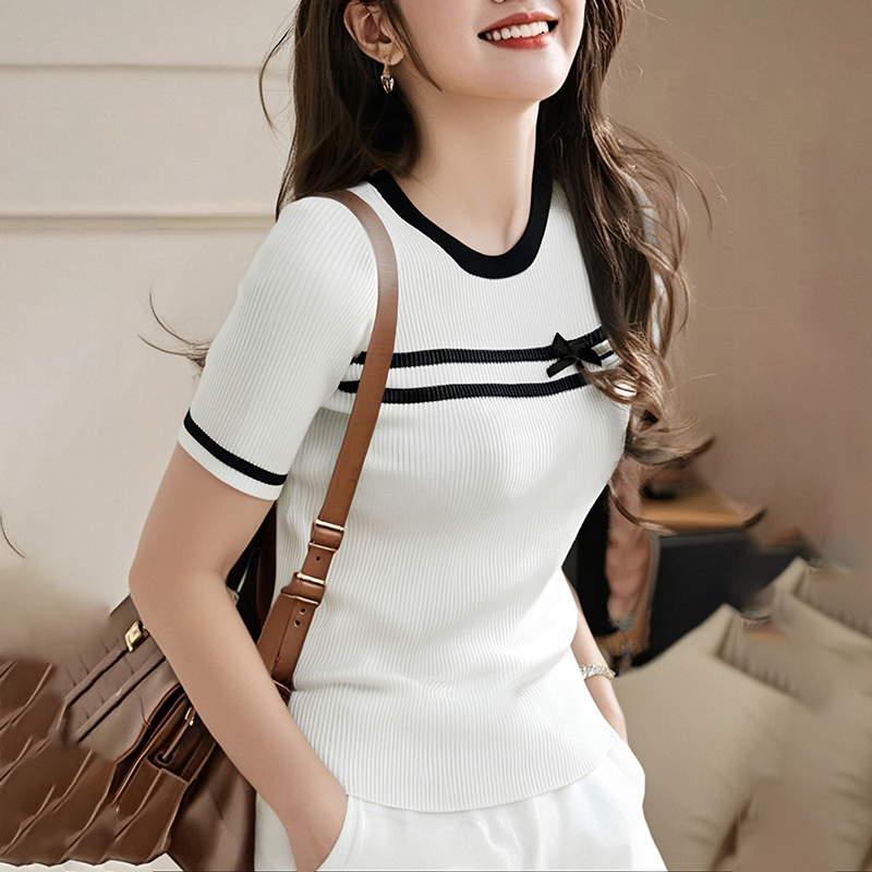 Mixed colors chanelstyle summer knitted bow T-shirt