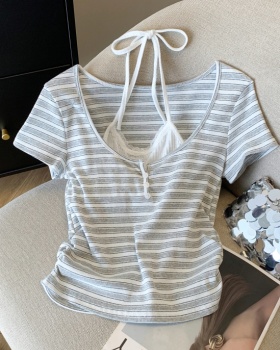 Short stripe tops short sleeve all-match T-shirt for women
