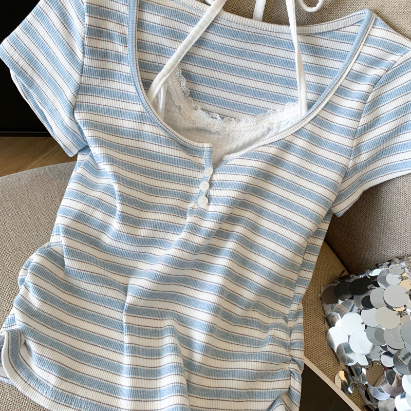 Short stripe tops short sleeve all-match T-shirt for women