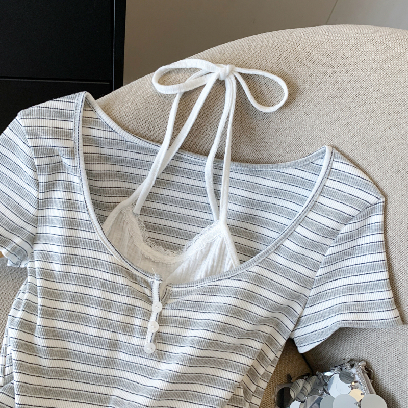 Short stripe tops short sleeve all-match T-shirt for women