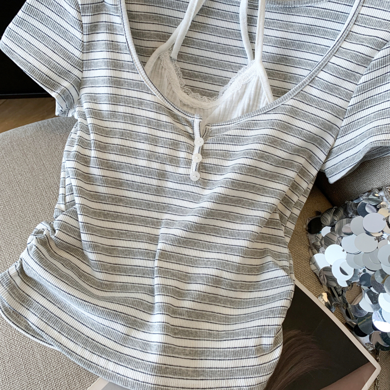 Short stripe tops short sleeve all-match T-shirt for women
