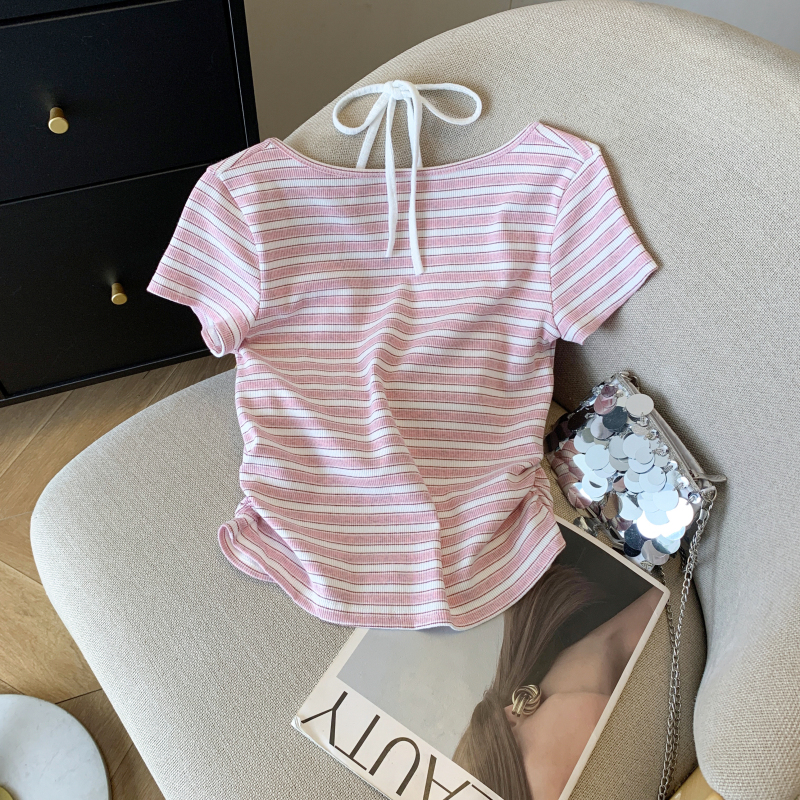 Short stripe tops short sleeve all-match T-shirt for women