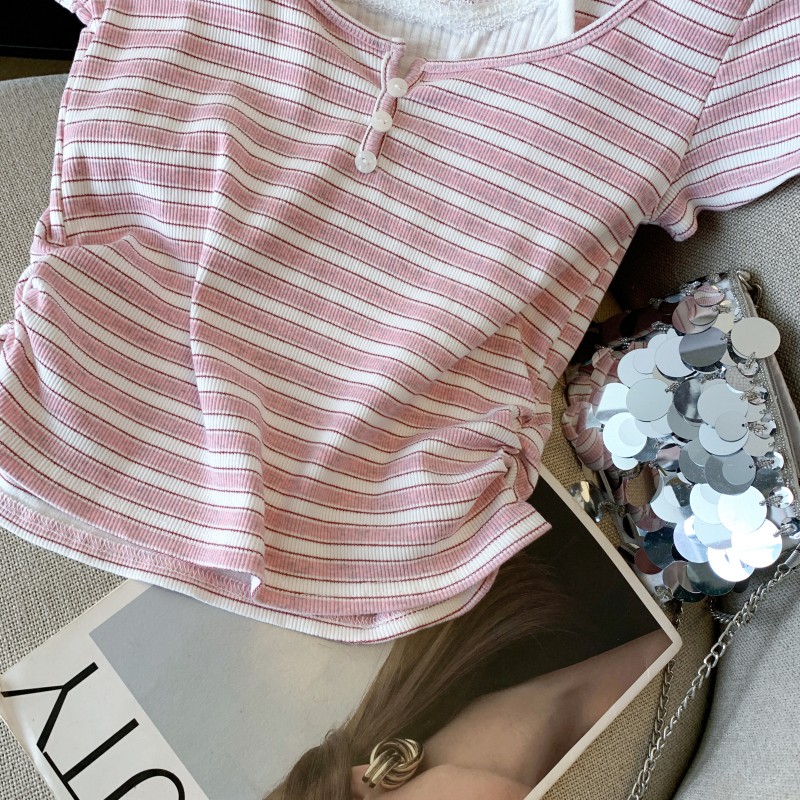 Short stripe tops short sleeve all-match T-shirt for women
