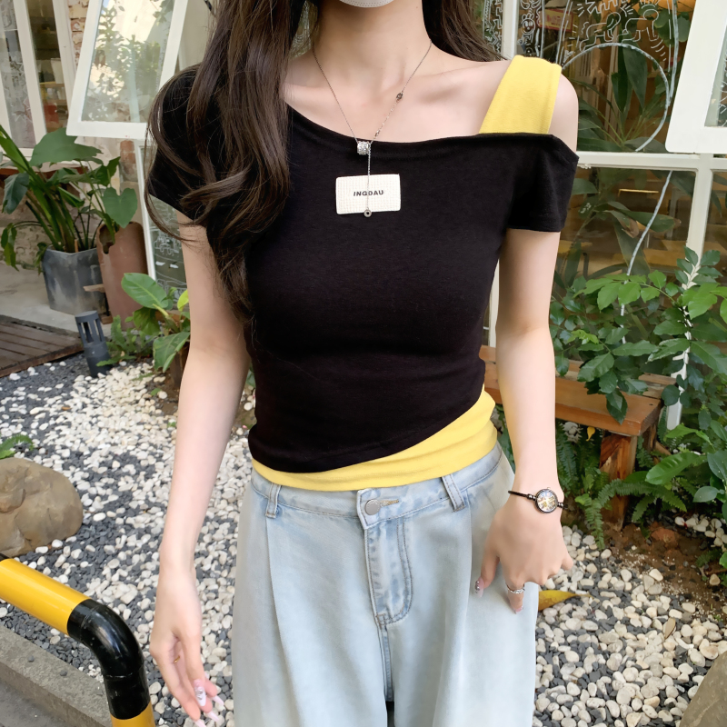 Mixed colors summer T-shirt sloping shoulder fashion tops