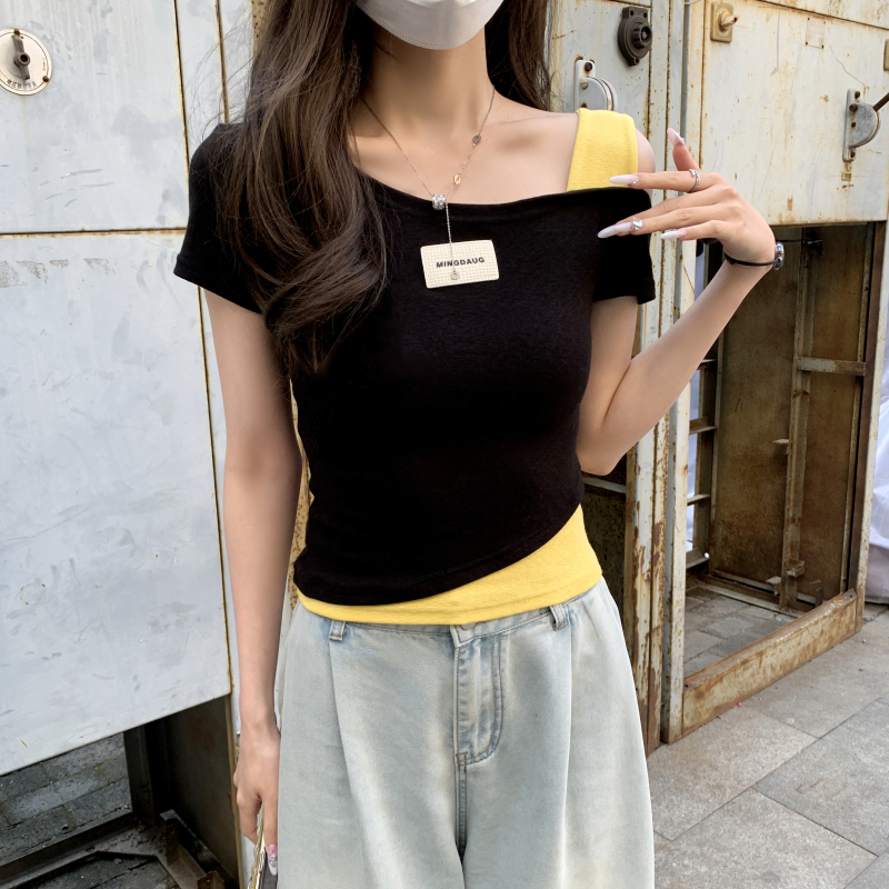 Mixed colors summer T-shirt sloping shoulder fashion tops