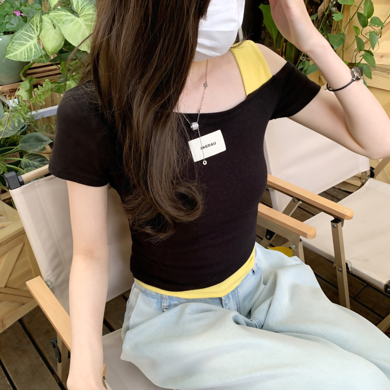 Mixed colors summer T-shirt sloping shoulder fashion tops