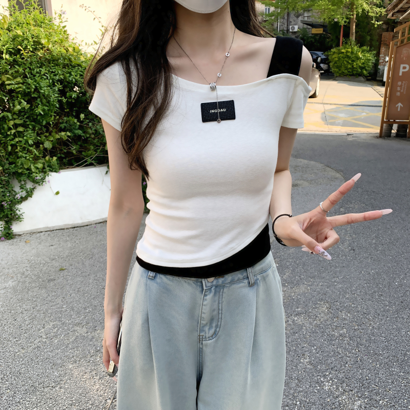 Mixed colors summer T-shirt sloping shoulder fashion tops
