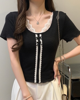 Short short sleeve summer splice slim lace T-shirt