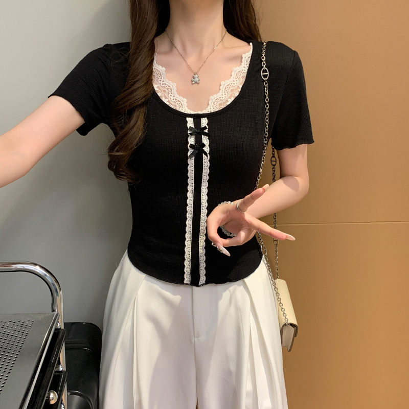Short short sleeve summer splice slim lace T-shirt