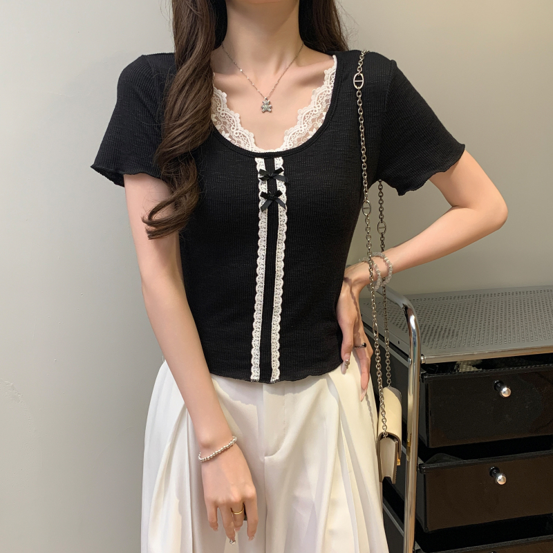 Short short sleeve summer splice slim lace T-shirt