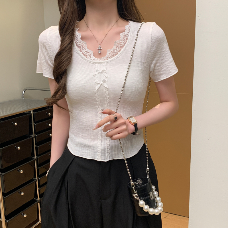 Short short sleeve summer splice slim lace T-shirt