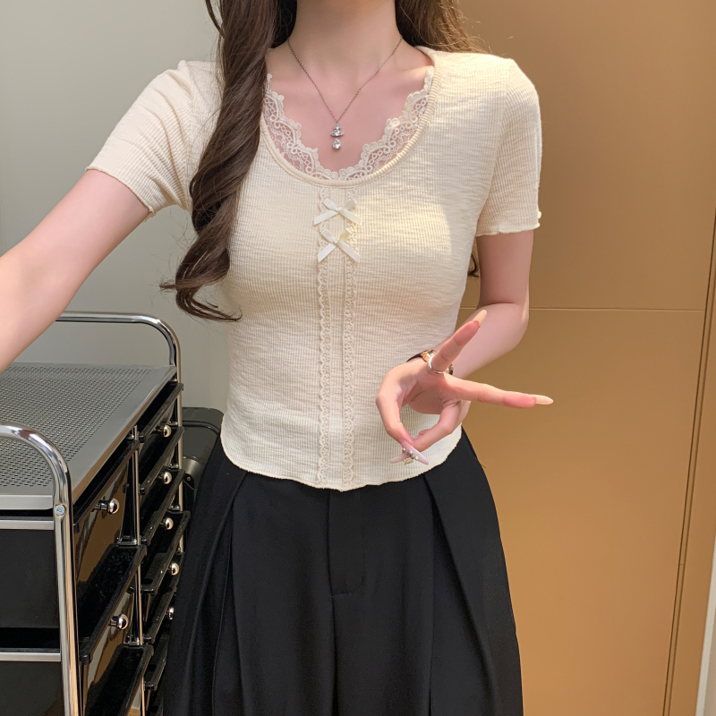 Short short sleeve summer splice slim lace T-shirt