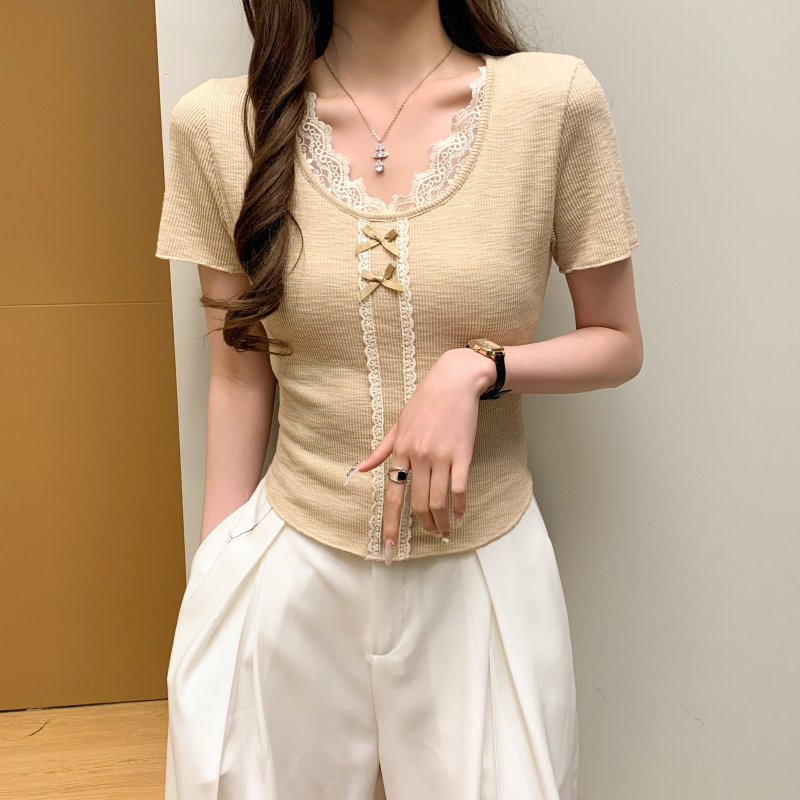 Short short sleeve summer splice slim lace T-shirt