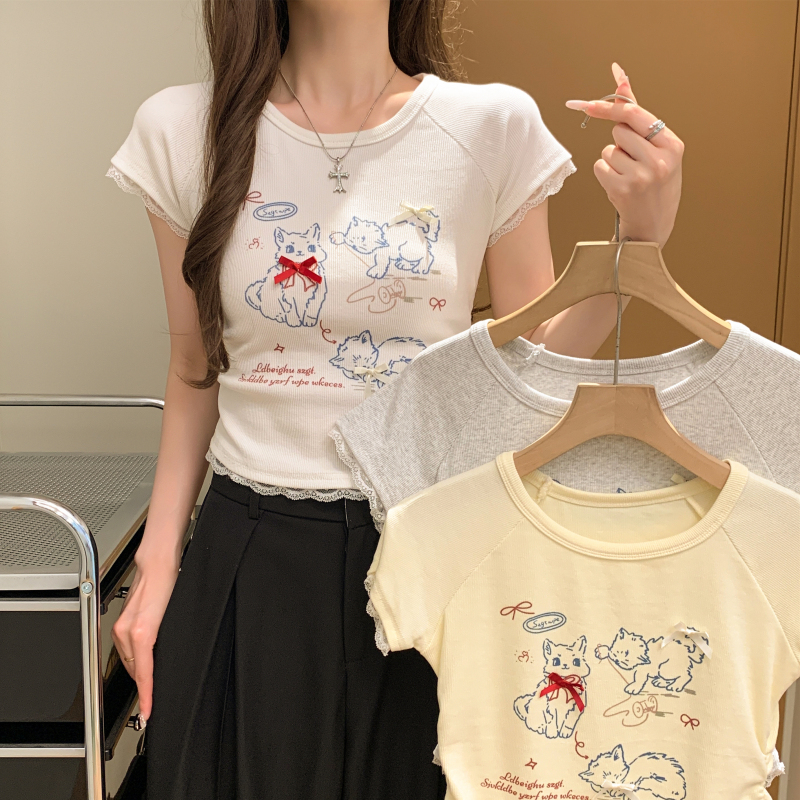 Lace bow T-shirt enticement short tops for women