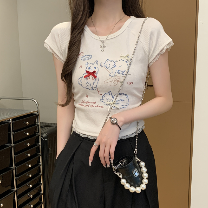 Lace bow T-shirt enticement short tops for women