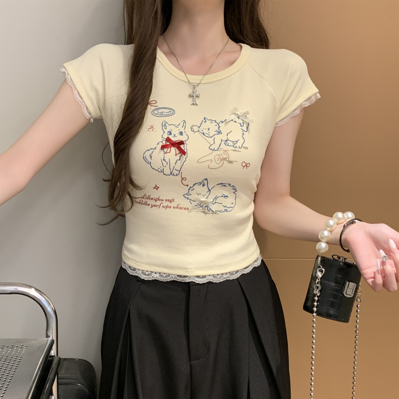 Lace bow T-shirt enticement short tops for women