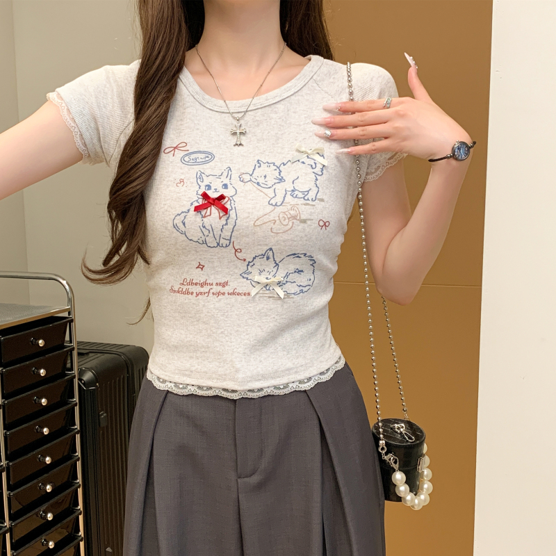 Lace bow T-shirt enticement short tops for women