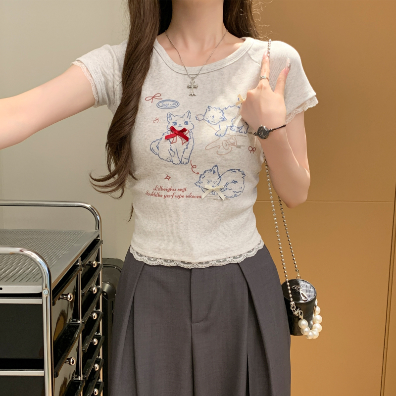 Lace bow T-shirt enticement short tops for women