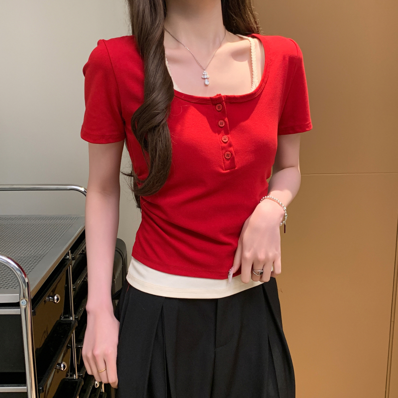 Short sleeve Pseudo-two tops all-match T-shirt
