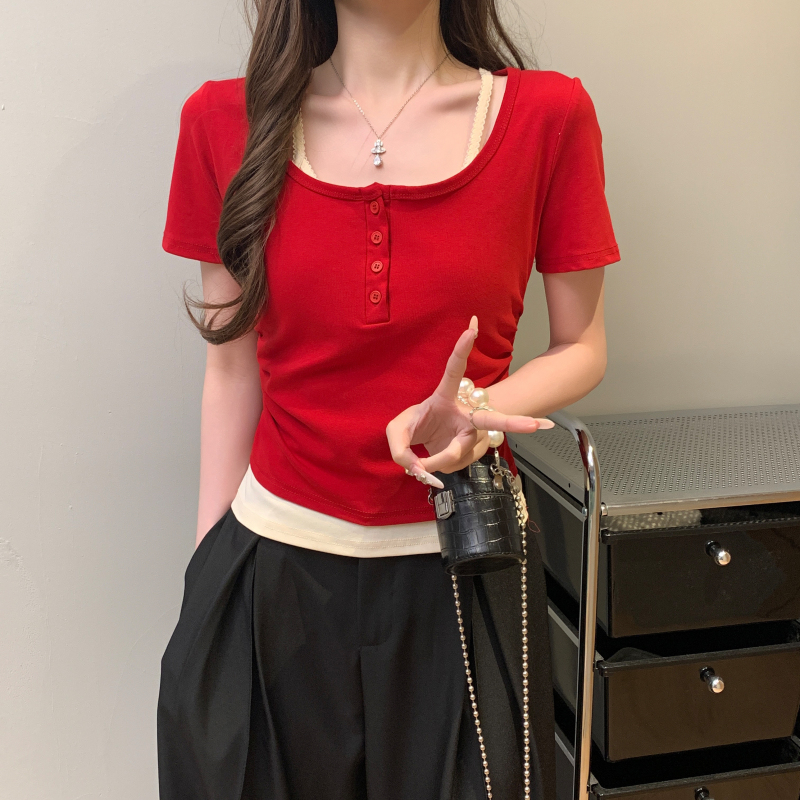 Short sleeve Pseudo-two tops all-match T-shirt
