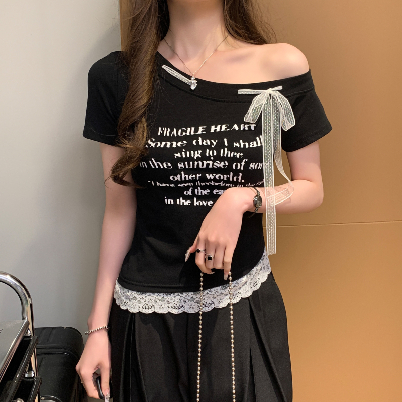 Western style strapless clavicle niche splice T-shirt for women