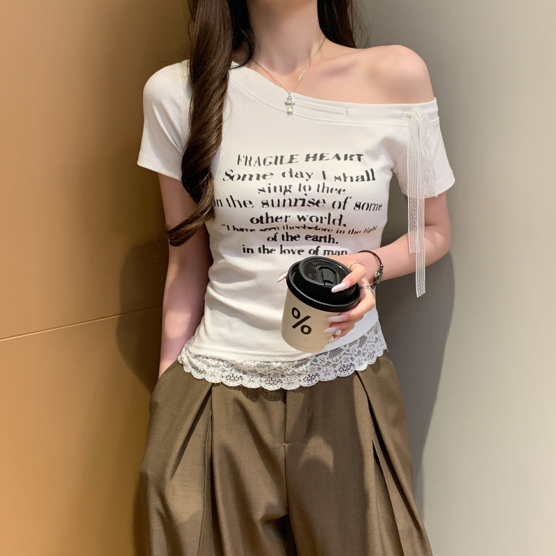 Western style strapless clavicle niche splice T-shirt for women