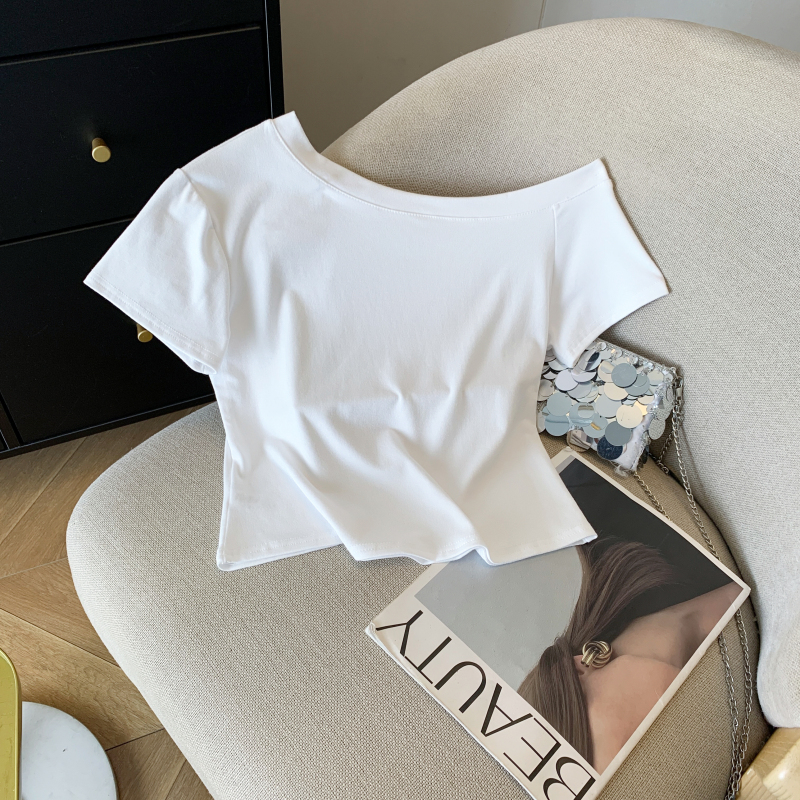 Summer oblique collar T-shirt printing tops for women