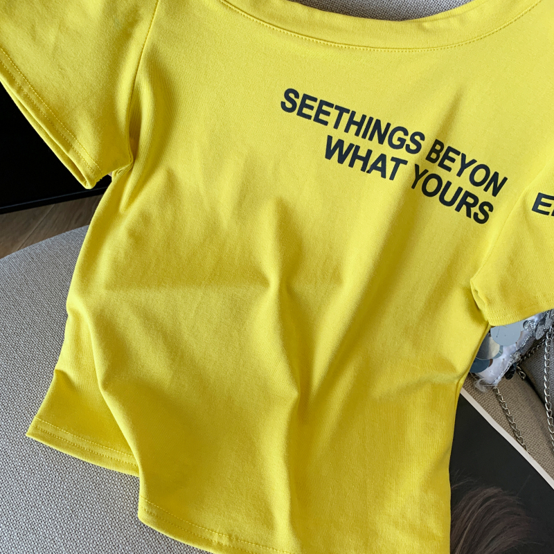 Summer oblique collar T-shirt printing tops for women