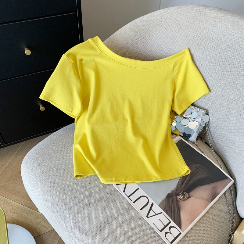 Summer oblique collar T-shirt printing tops for women