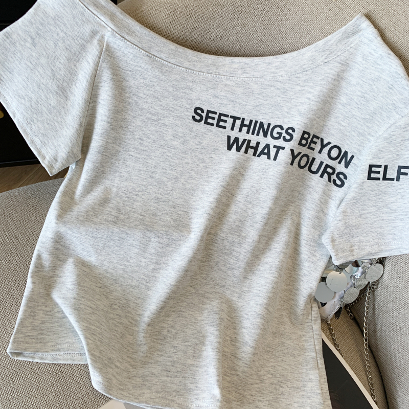Summer oblique collar T-shirt printing tops for women