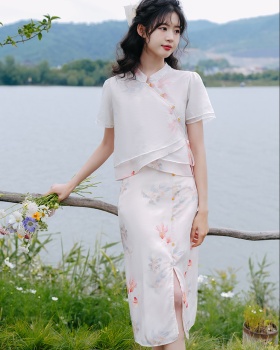 Summer Chinese style printing slim skirt 2pcs set