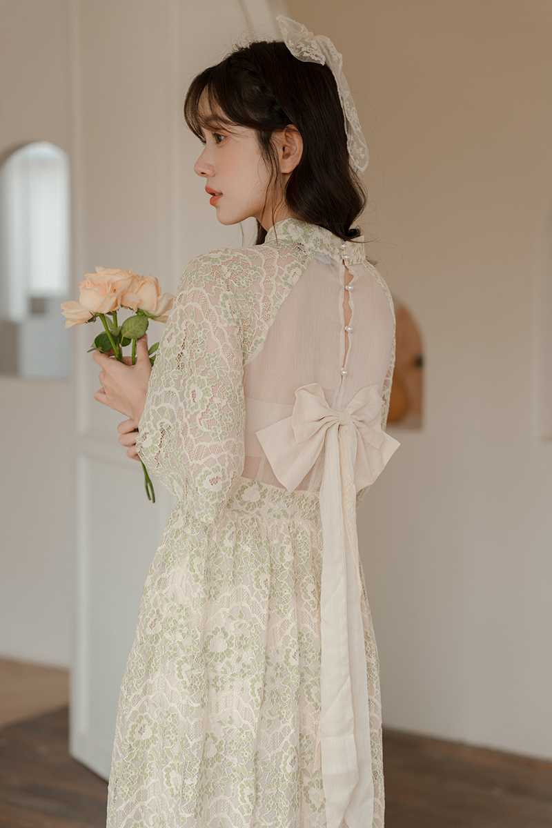 Bow pinched waist slim cheongsam summer hollow dress