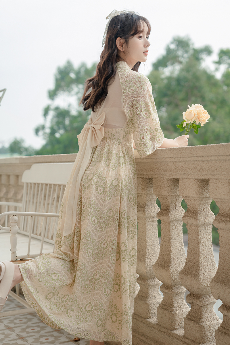 Bow pinched waist slim cheongsam summer hollow dress
