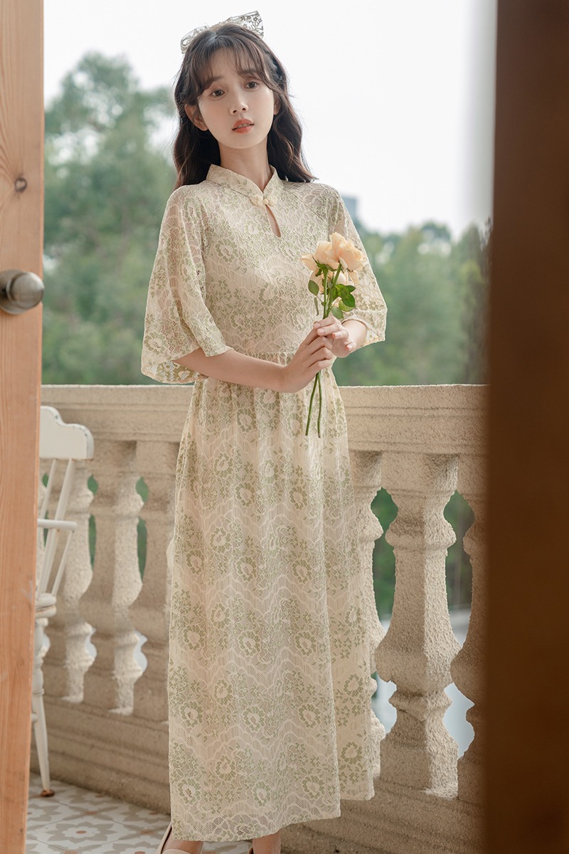 Bow pinched waist slim cheongsam summer hollow dress
