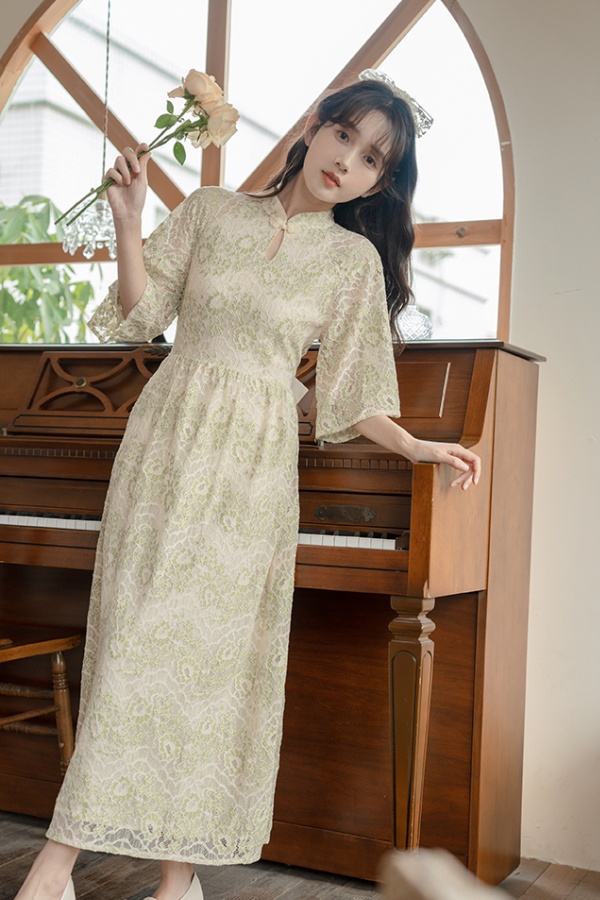 Bow pinched waist slim cheongsam summer hollow dress