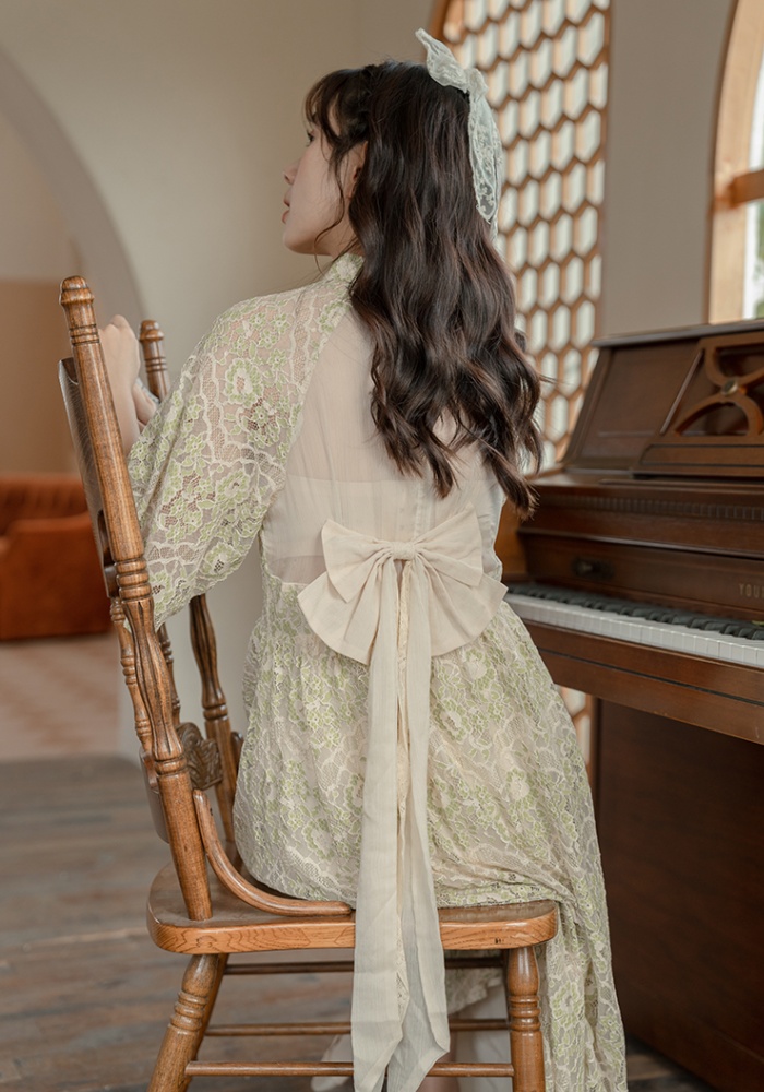 Bow pinched waist slim cheongsam summer hollow dress