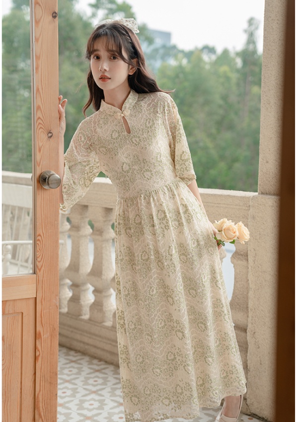 Bow pinched waist slim cheongsam summer hollow dress