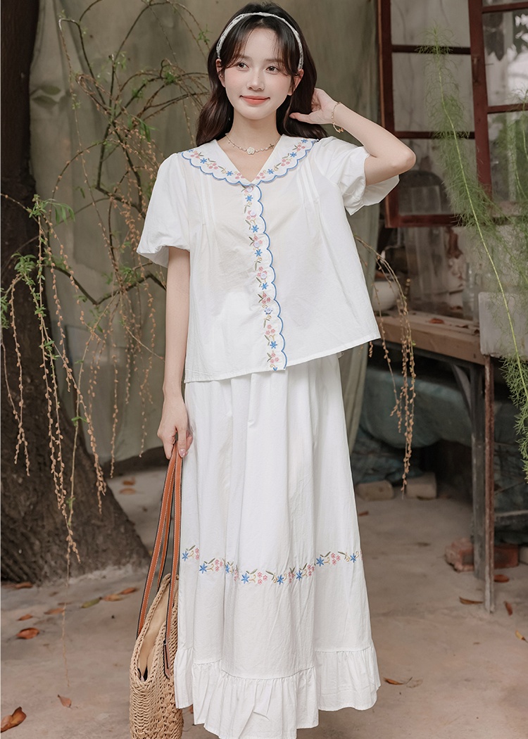 Navy collar bud sleeve small shirt embroidered skirt 2pcs set
