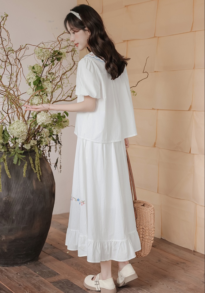 Navy collar bud sleeve small shirt embroidered skirt 2pcs set