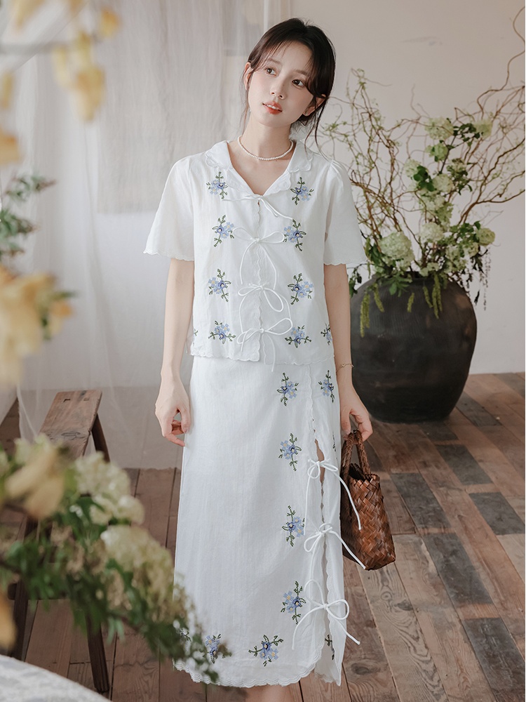 Retro frenum split tops embroidered France style skirt a set