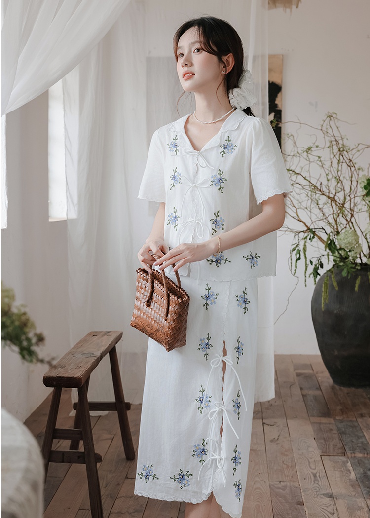 Retro frenum split tops embroidered France style skirt a set