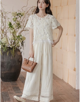 Stereoscopic short sleeve tops niche casual pants for women