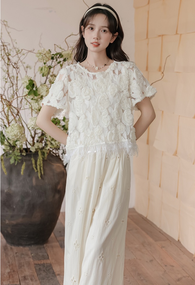 Stereoscopic short sleeve tops niche casual pants for women