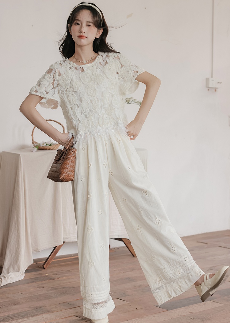 Stereoscopic short sleeve tops niche casual pants for women