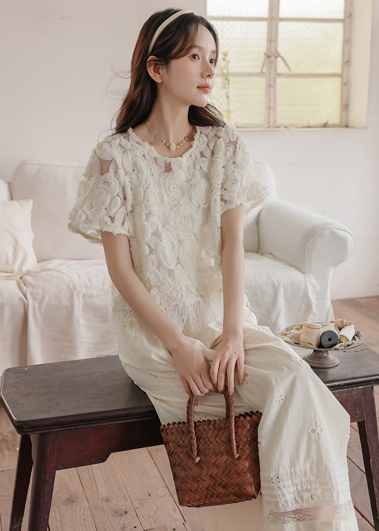 Stereoscopic short sleeve tops niche casual pants for women