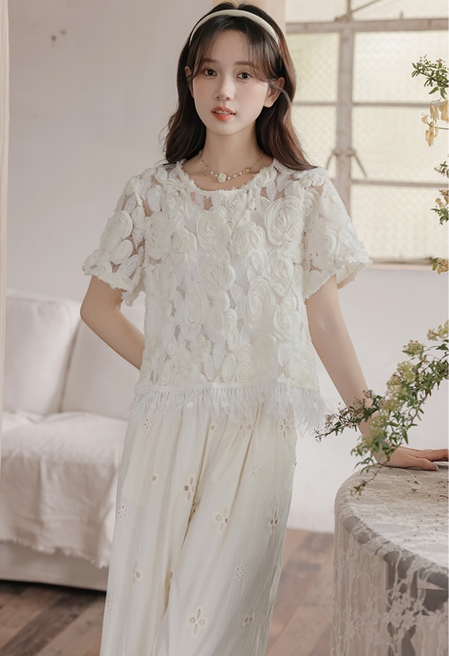 Stereoscopic short sleeve tops niche casual pants for women
