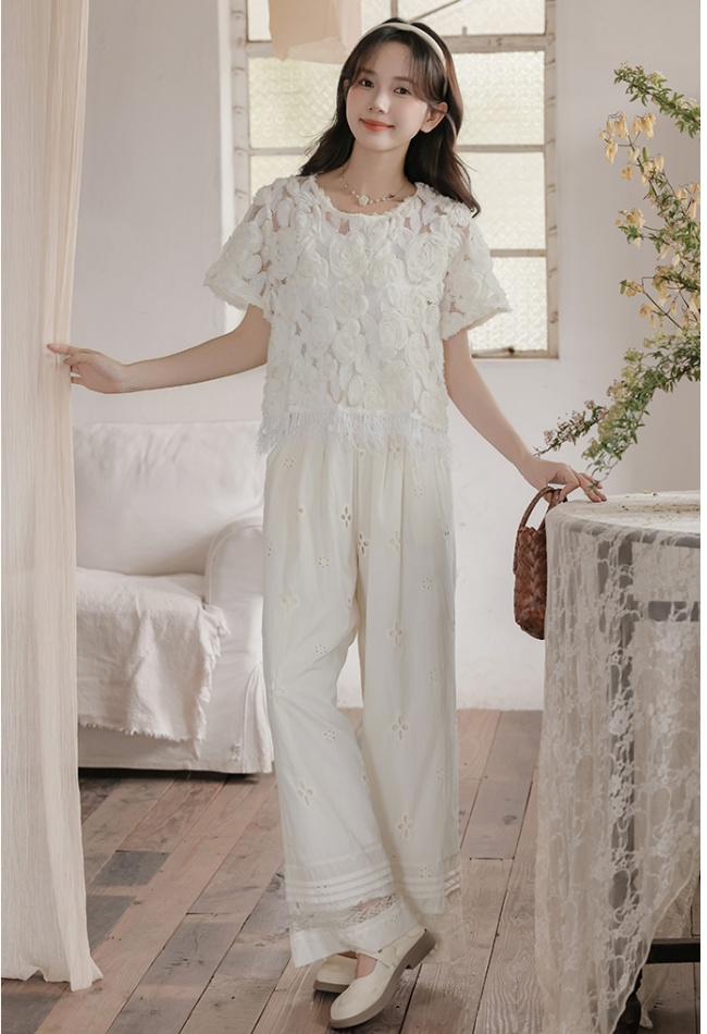 Stereoscopic short sleeve tops niche casual pants for women