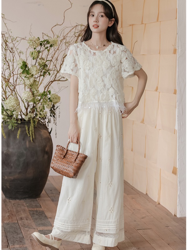 Stereoscopic short sleeve tops niche casual pants for women