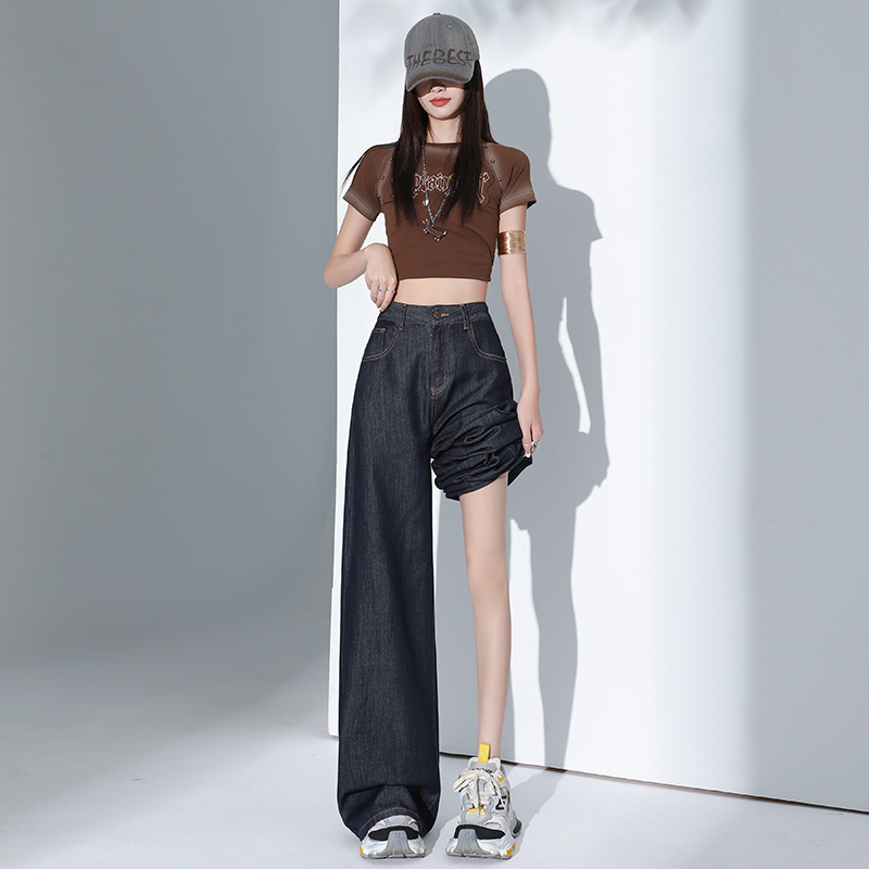 High waist navy-blue pants mopping jeans for women